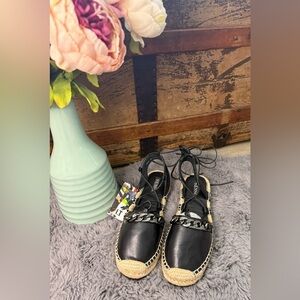 Senso- The Bandi Black Leather Sling Back Jute Soles Ankle Lace Up Shoes Size 37